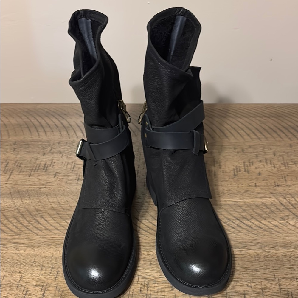 Black Combat Boots with Buckle Strap and Side Zipper - Picture 5 of 5